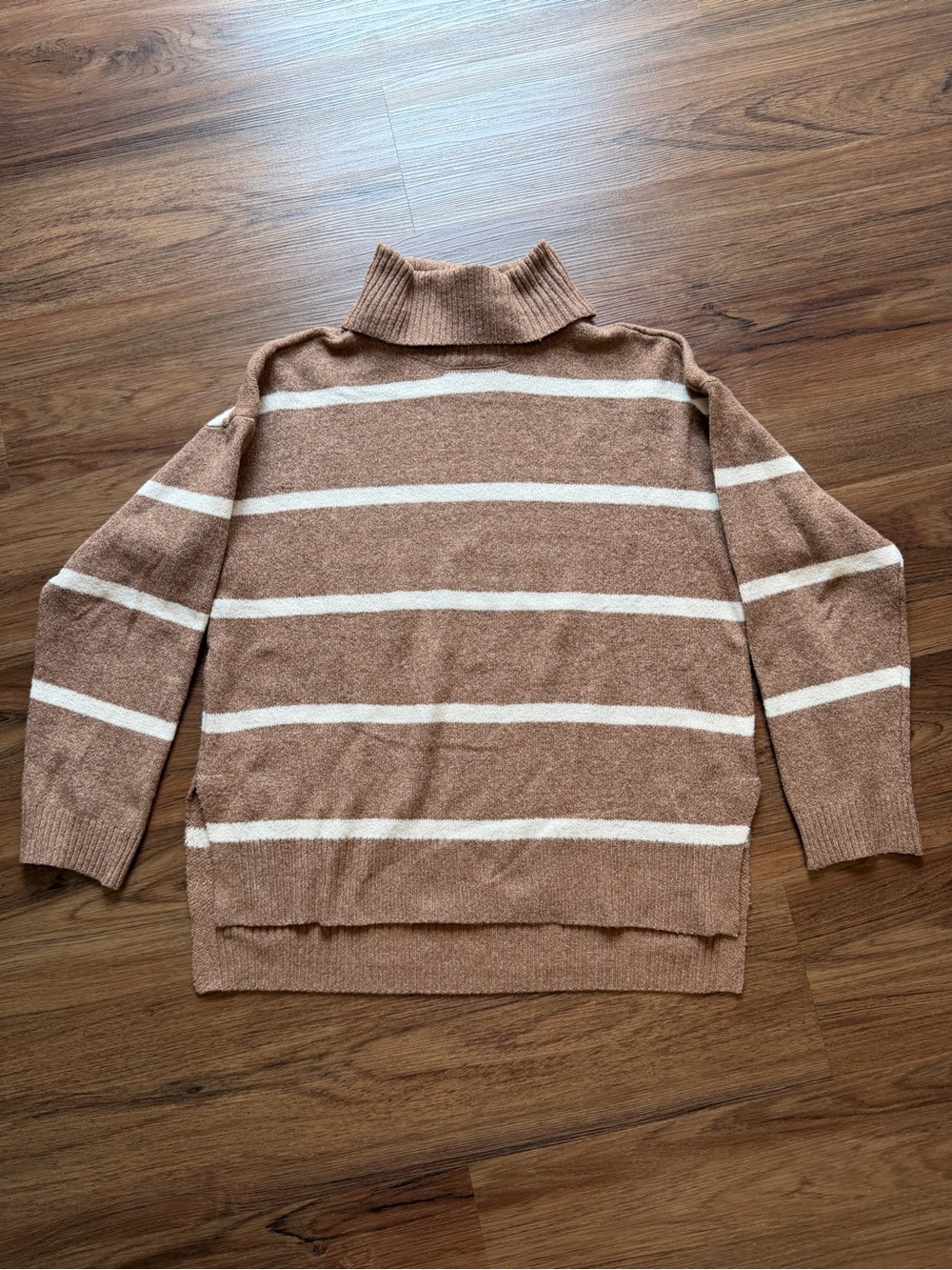 Women's Tan & Cream Striped Turtleneck Sweater